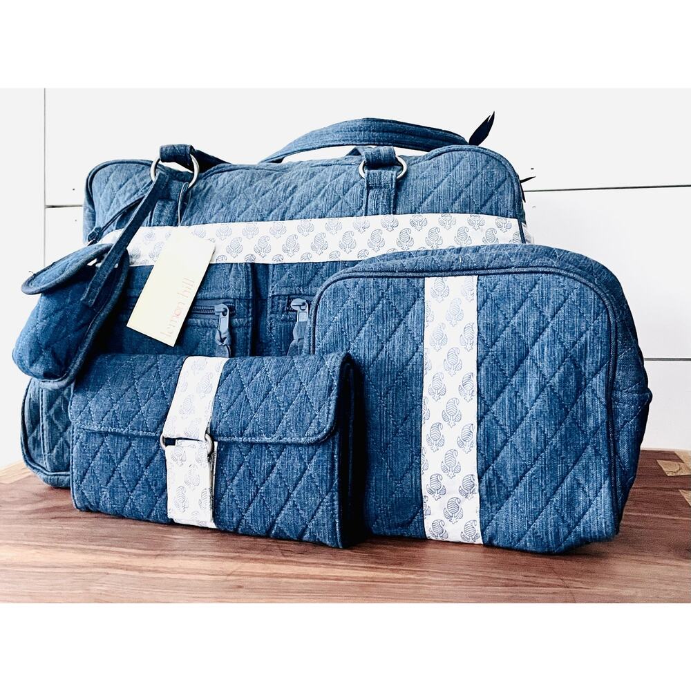 New Lemon Hill Cotton Blue Quilted Tote Travel Bag With Wallet & Makeup Bag